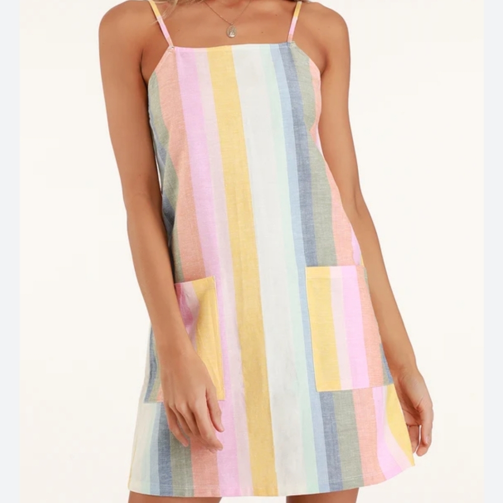 Billabong Straight Round Multi Striped Woven Slip Dress Size Medium